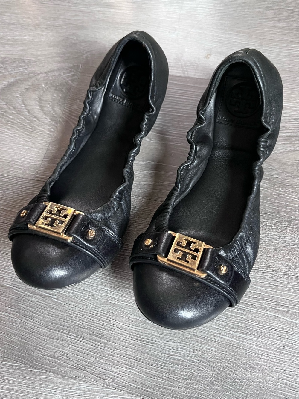 Tory Burch Black Leather Ballet Flats with Gold Logo Accent